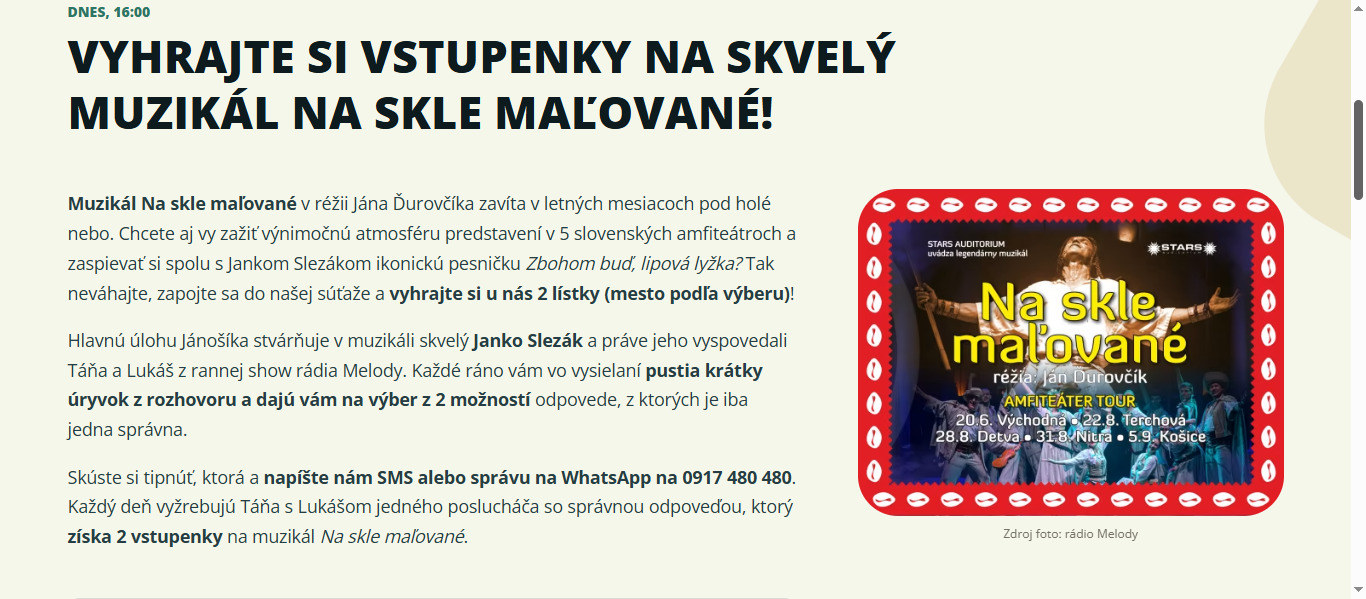 Vyhrajte si vstupenky na skvelý muzikál Na skle maľovan