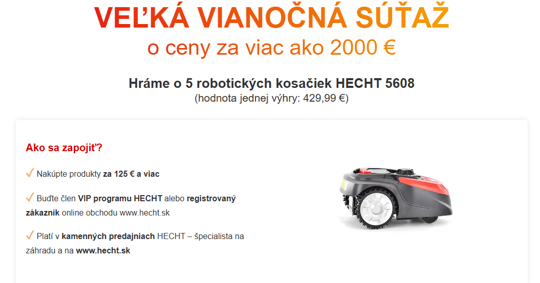 VIANOČNÁ SÚŤAŽ o 5 robotických kosačiek HECHT 5608