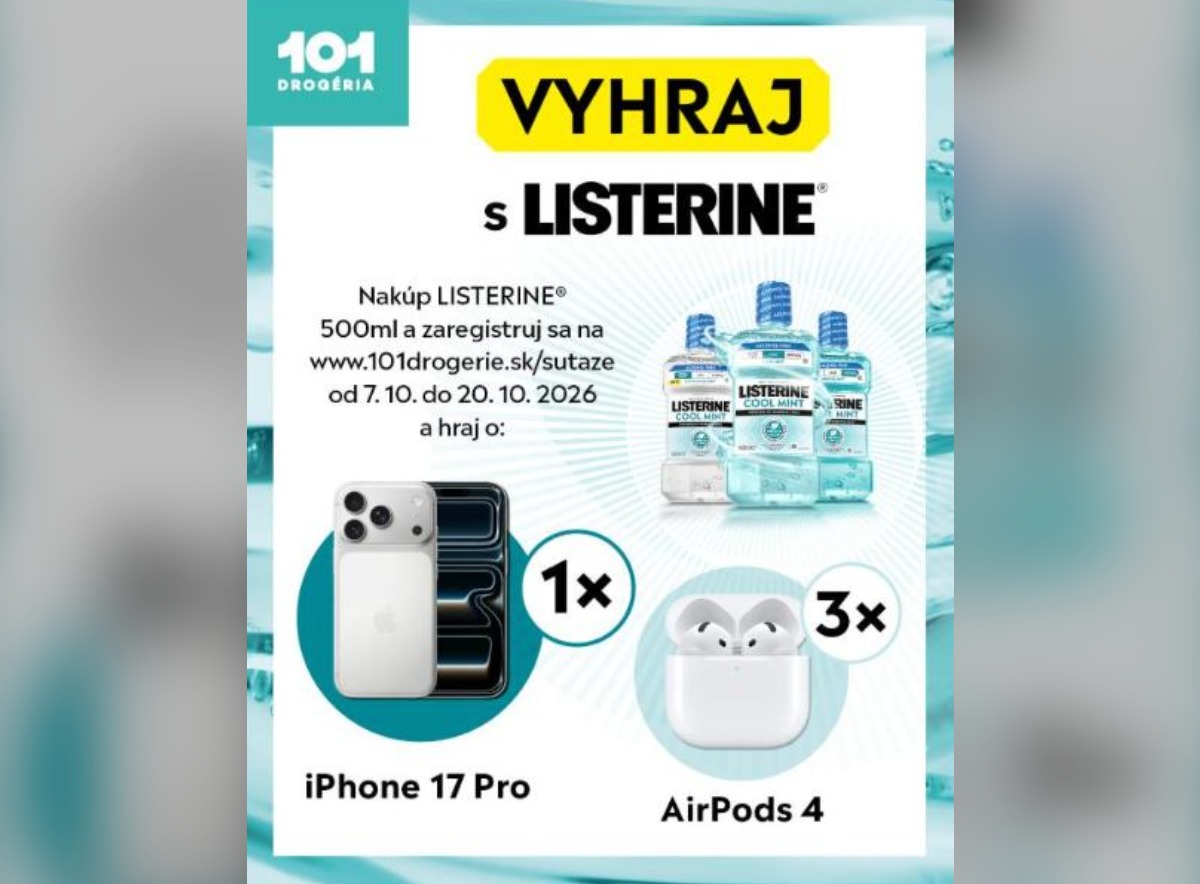 SÚŤAŽ 101 Drogéria × LISTERINE®: vyhrajte iPhone 17 Pro alebo AirPods 4 (4 výhercovia)