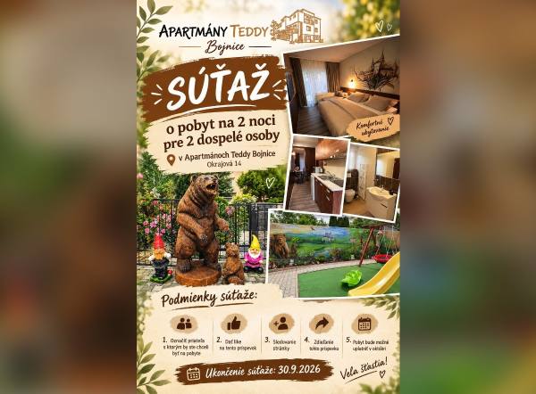 SÚŤAŽ Apartmány Teddy Bojnice: vyhrajte pobyt na 2 noci pre 2 osoby