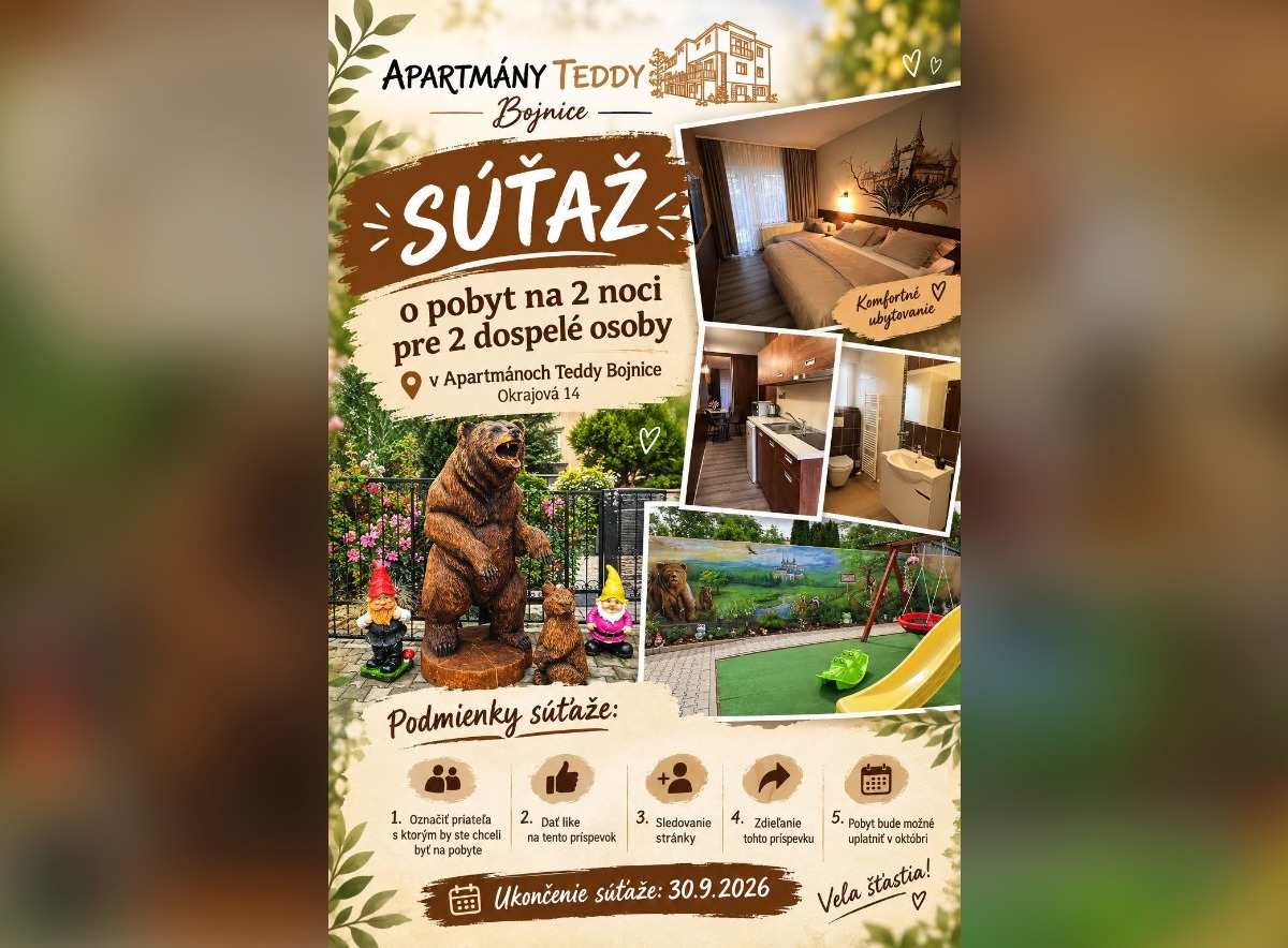 SÚŤAŽ Apartmány Teddy Bojnice: vyhrajte pobyt na 2 noci pre 2 osoby