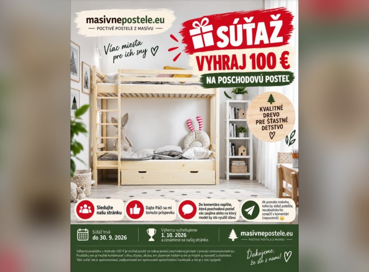 SÚŤAŽ masivnepostele.eu: vyhrajte poukážku 100 € na poschodovú posteľ (1 výherca)