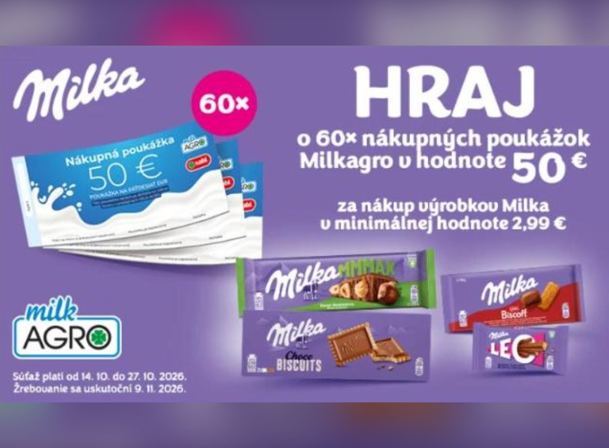 SÚŤAŽ MILK-AGRO × Milka: vyhrajte nákupnú poukážku 50 € (60 výhercov)