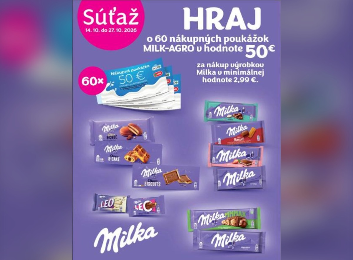 SÚŤAŽ MILK-AGRO: vyhrajte nákupnú poukážku 50 € za nákup Milky (60 výhercov)