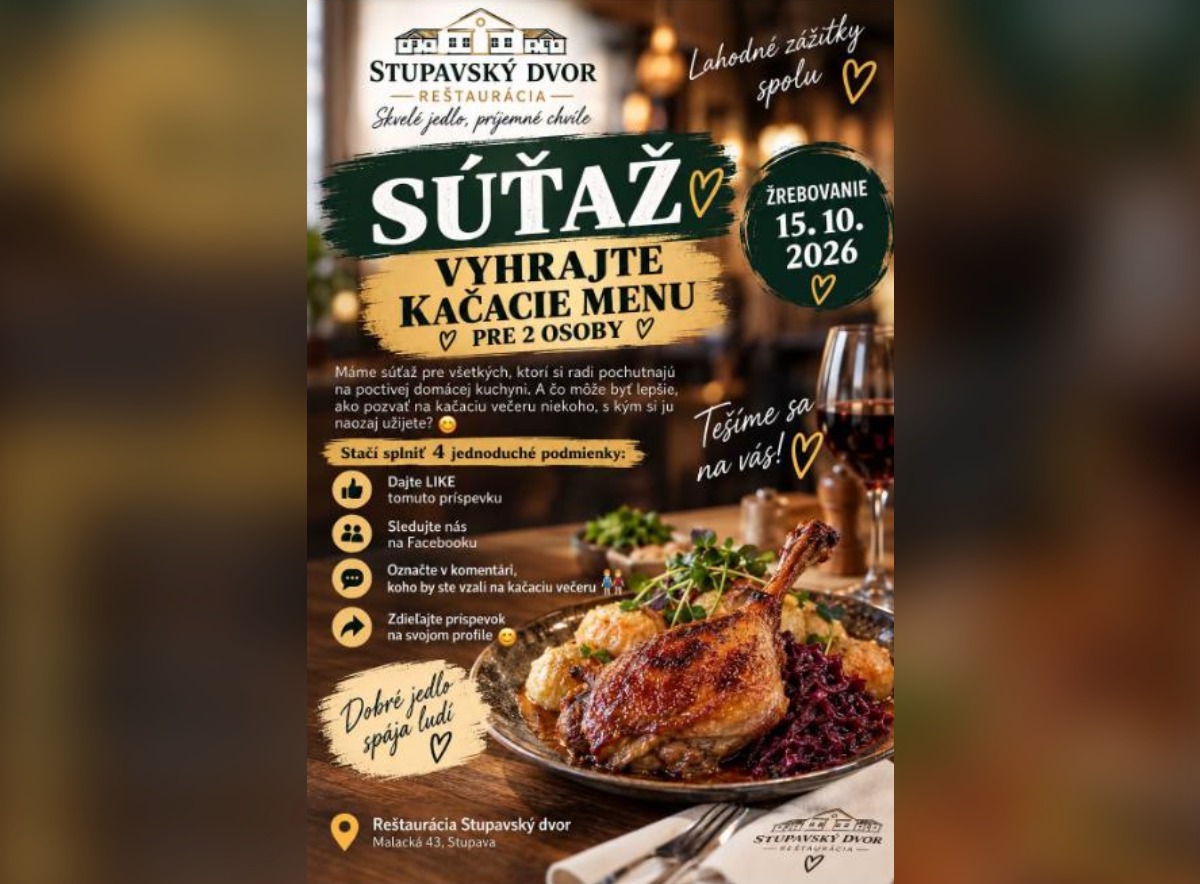 SÚŤAŽ Reštaurácia Stupavský Dvor: vyhrajte kačacie menu pre 2 osoby